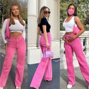 Zara Vibrant Pink Denim wide leg high waist raw hem cotton Jeans